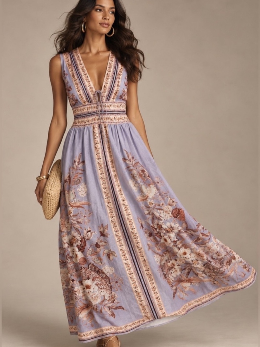 Caroline Constas NWT Linen Floral Embroidered Maxi Dress Sz M Boho Resort Flowy